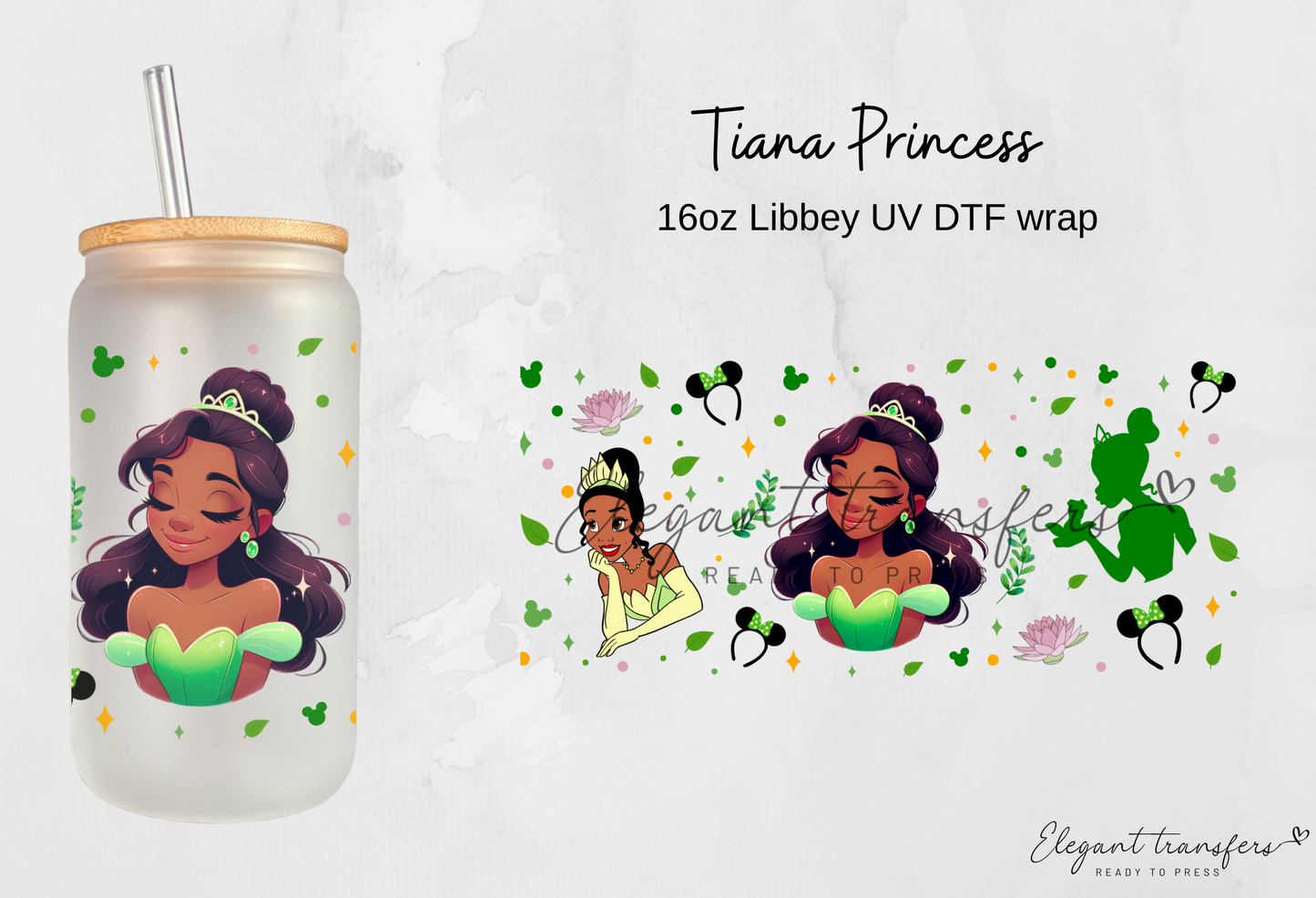 Tiana Princess Wrap [UV DTF - 16oz Libbey Glass Can] | Ready to Apply | Physical Product | Transfer