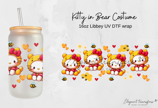 Kitty in Bear Costume Wrap [UV DTF - 16oz Libbey Glass Can] | Ready to Apply | Physical Product | Transfer