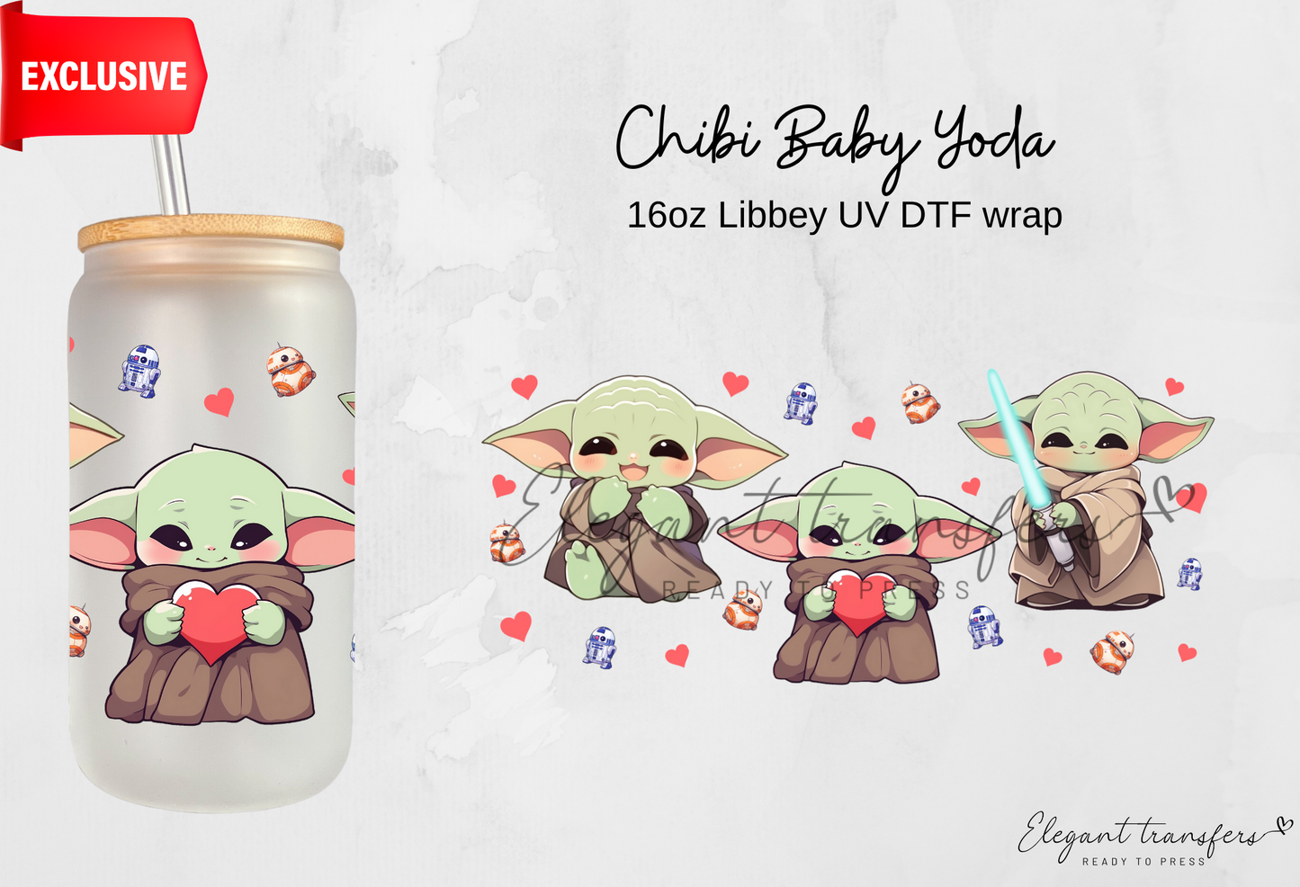 Chibi Baby Yoda II wrap [Exclusive Uv Dtf - 16oz Libbey Glass Can] | Ready to Apply | Physical Product