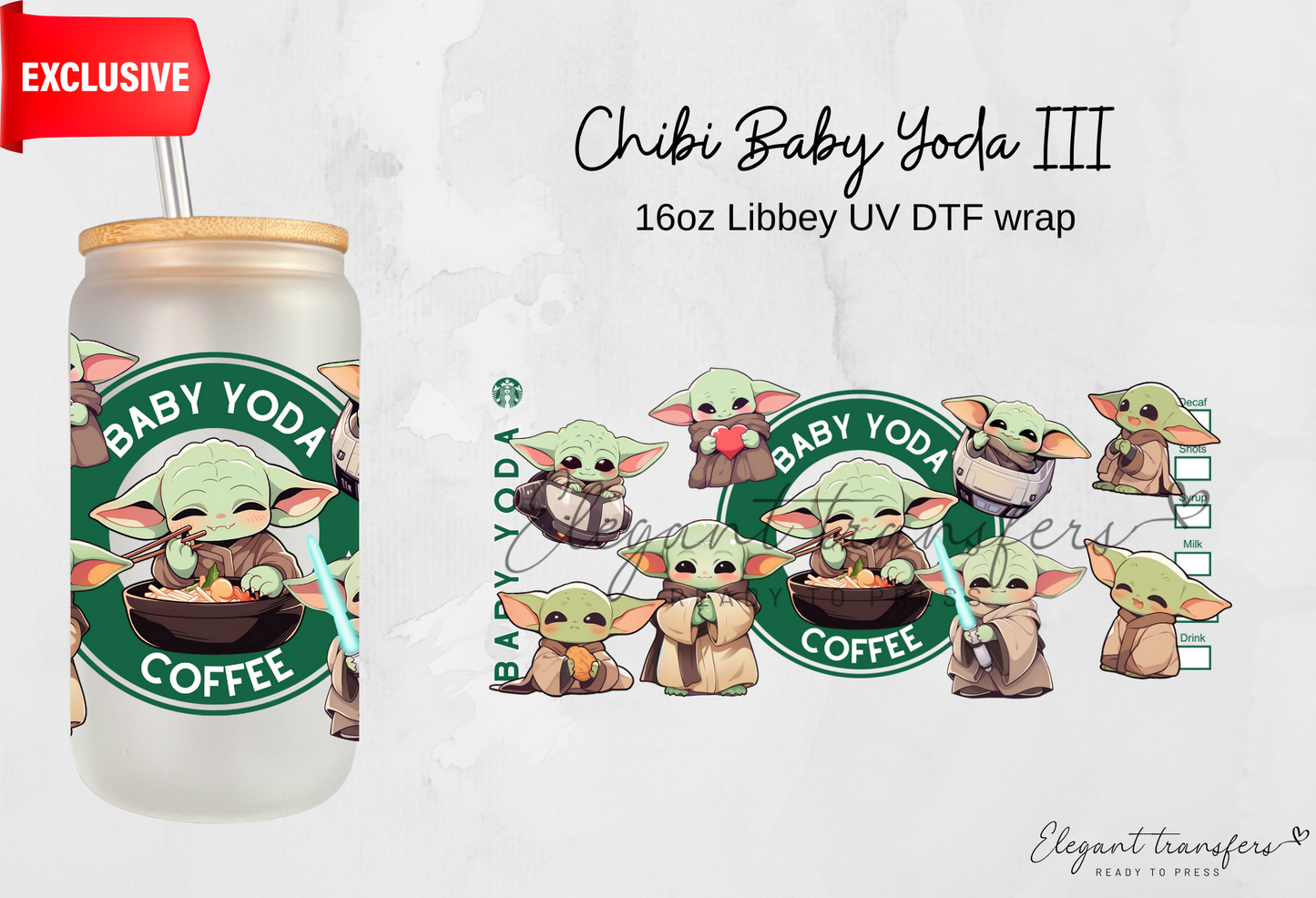 Chibi Baby Yoda III wrap [Exclusive Uv Dtf - 16oz Libbey Glass Can] | Ready to Apply | Physical Product