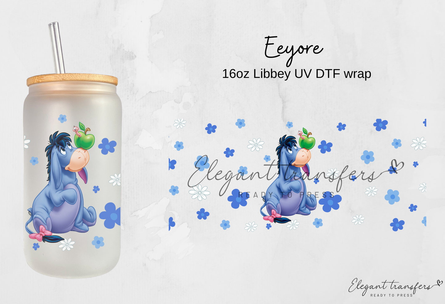 Eeyore Wrap [UV DTF - 16oz Libbey Glass Can] | Ready to Apply | Physical Product | Transfer