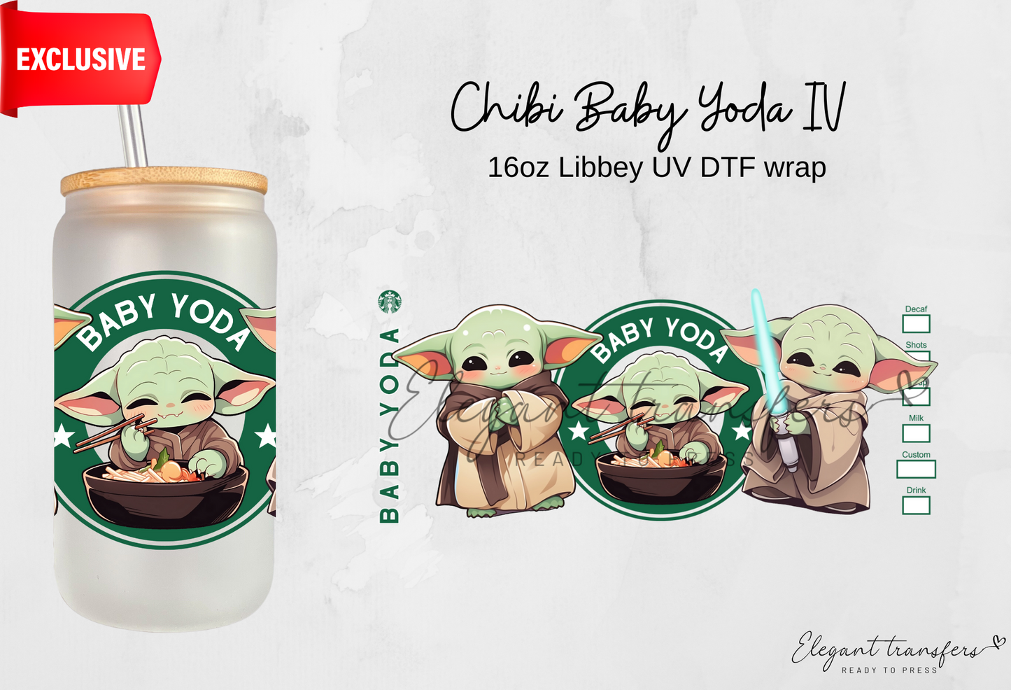 Chibi Baby Yoda IV wrap [Exclusive Uv Dtf - 16oz Libbey Glass Can] | Ready to Apply | Physical Product