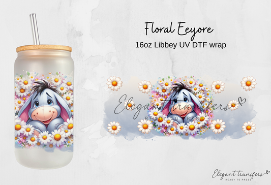 Floral Eeyore Wrap [UV DTF - 16oz Libbey Glass Can] | Ready to Apply | Physical Product | Transfer