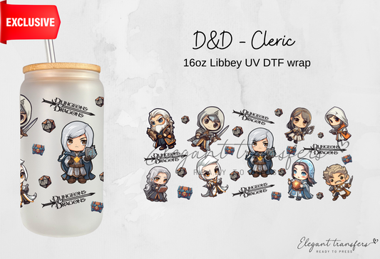 D&D - Cleric wrap [EXCLUSIVE UV DTF - 16oz Libbey Glass Can] | Ready to Apply | Physical Product