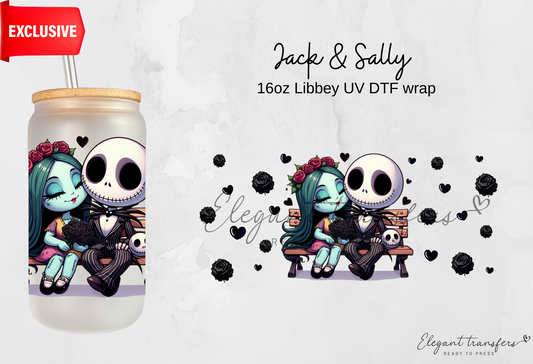 Jack & Sally wrap [EXCLUSIVE UV DTF - 16oz Libbey Glass Can] | Ready to Apply | Physical Product