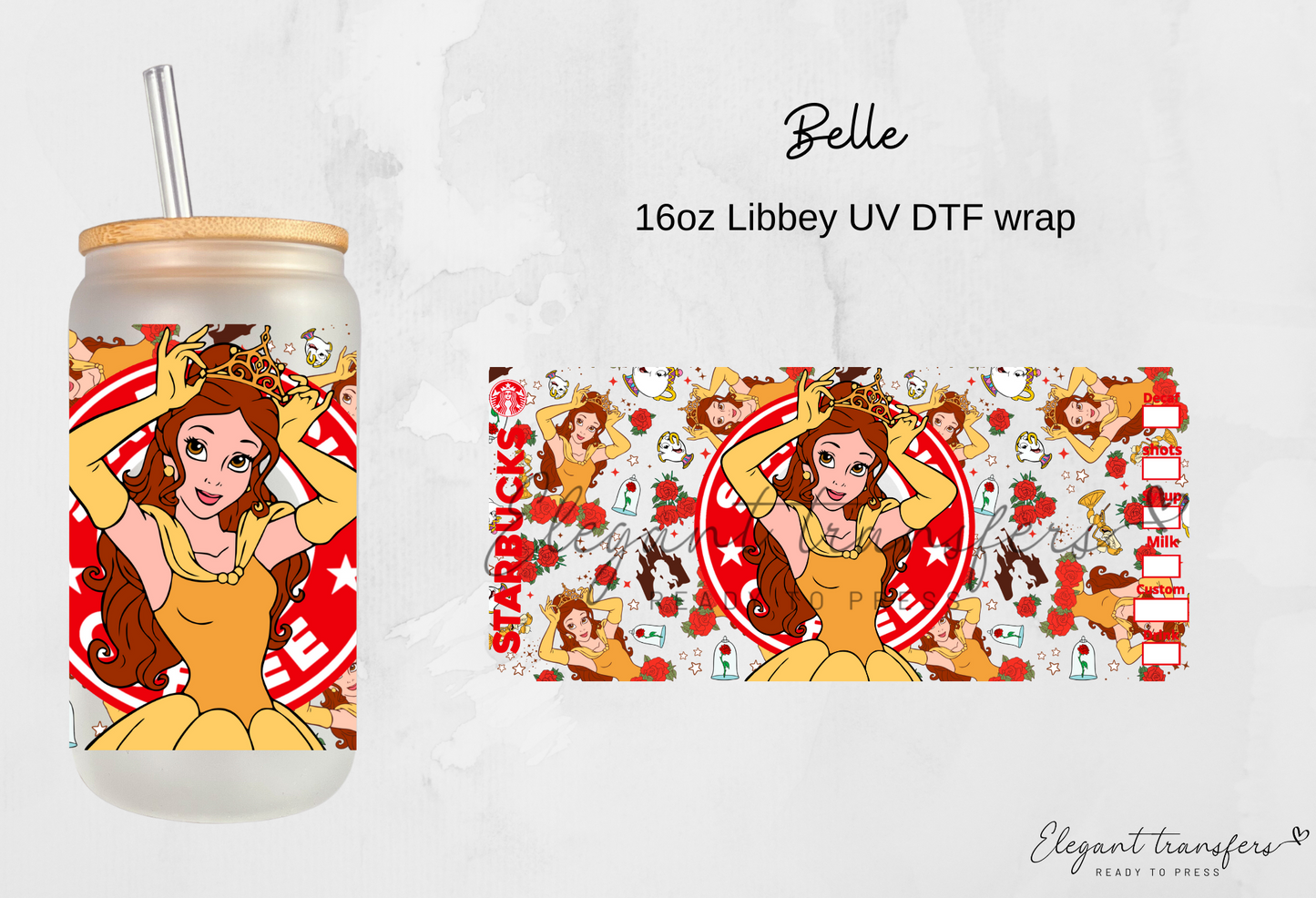 Belle Wrap [UV DTF - 16oz Libbey Glass Can] | Ready to Apply | Physical Product | Transfer