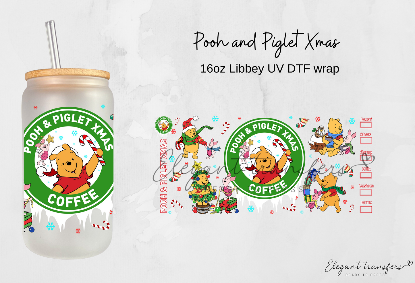 Pooh & Piglet Xmas Wrap [UV DTF - 16oz Libbey Glass Can] | Ready to Apply | Physical Product