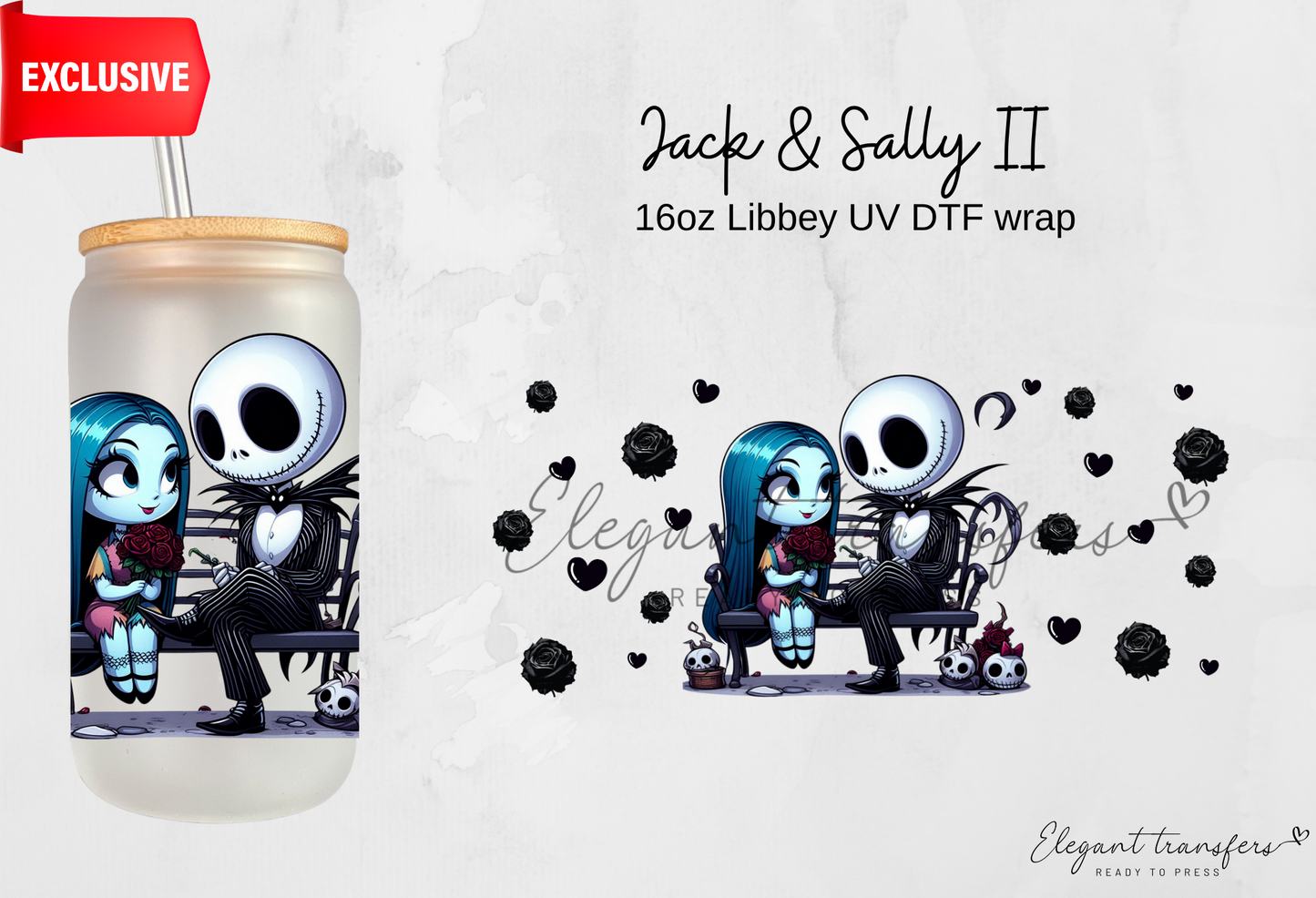 Jack & Sally II wrap [Exclusive uv dtf - 16oz Libbey Glass Can] | Ready to Apply | Physical Product