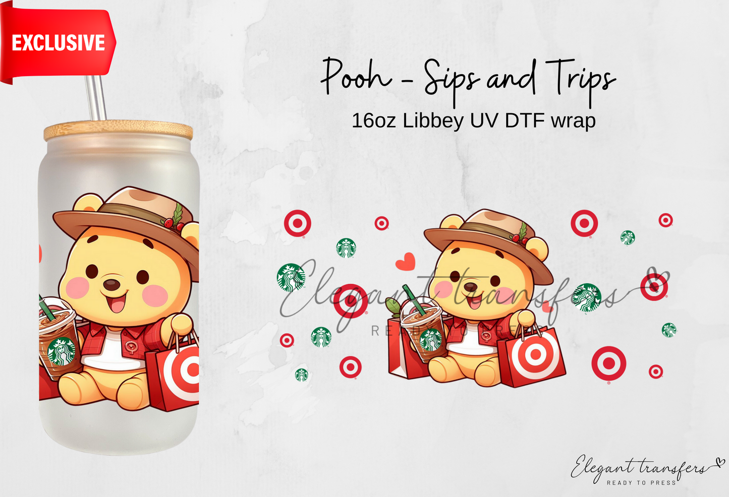 Pooh - Sips and Trips wrap [EXCLUSIVE UV DTF - 16oz Libbey Glass Can] | Ready to Apply | Physical Product