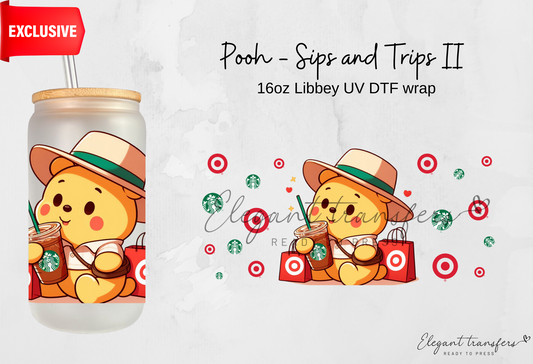 Pooh - Ice coffee and shopping  II wrap [Exclusive Uv Dtf - 16oz Libbey Glass Can] | Ready to Apply | Physical Product