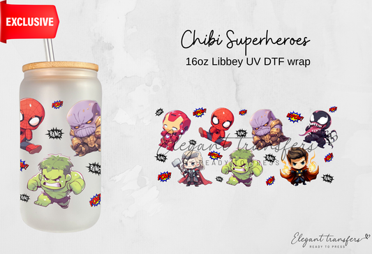 Chibi Superheroes Wrap [EXCLUSIVE UV DTF - 16oz Libbey Glass Can] | Ready to Apply | Physical Product | Transfer