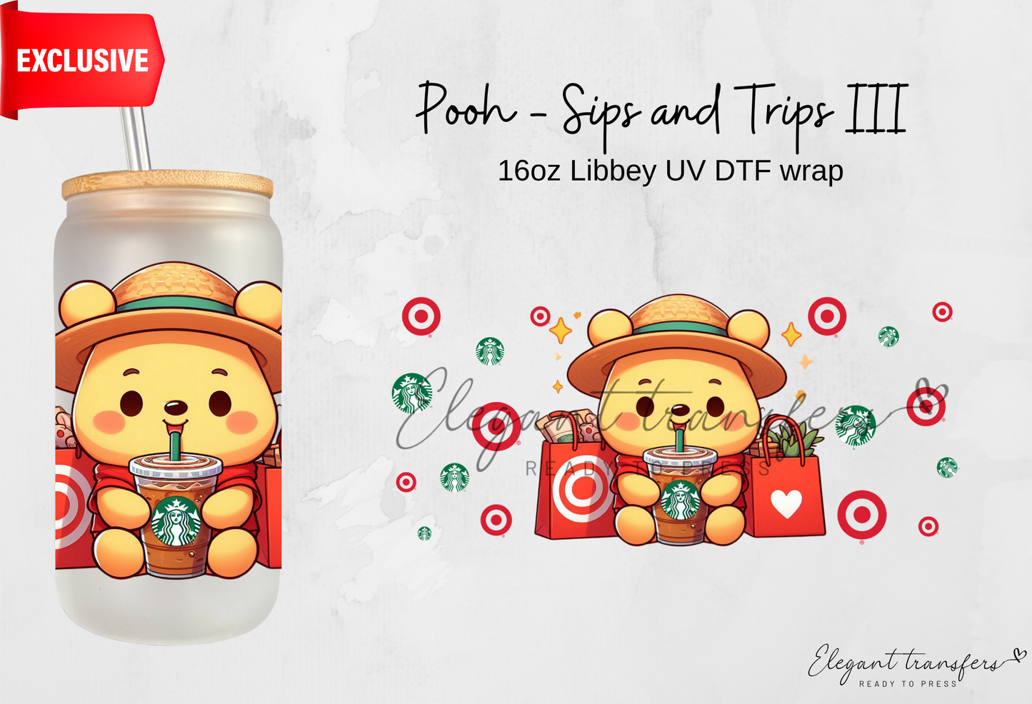 Pooh - Ice coffee and Shopping III wrap [Exclusive Uv Dtf - 16oz Libbey Glass Can] | Ready to Apply | Physical Product