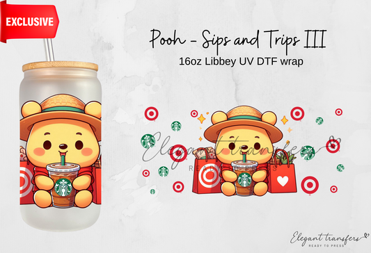 Pooh - Ice coffee and Shopping III wrap [Exclusive Uv Dtf - 16oz Libbey Glass Can] | Ready to Apply | Physical Product