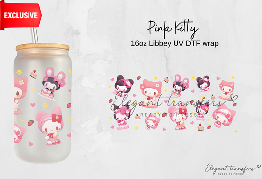 Pink Kitty Wrap [EXCLUSIVE UV DTF - 16oz Libbey Glass Can] | Ready to Apply | Physical Product | Transfer