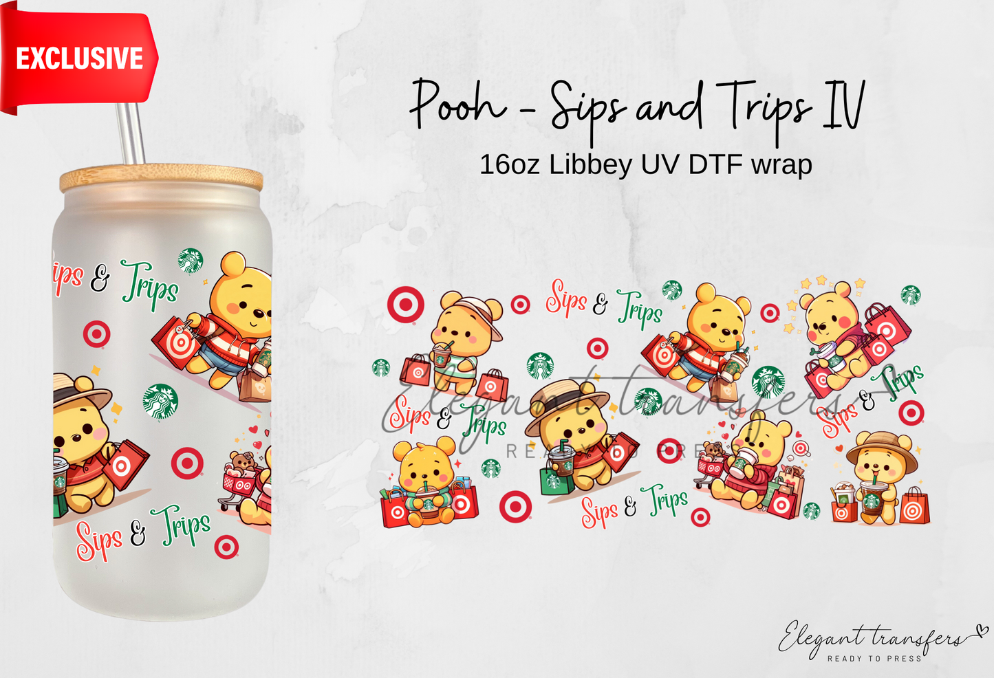 Pooh - Ice Coffee and Shopping IV wrap [Exclusive Uv Dtf - 16oz Libbey Glass Can] | Ready to Apply | Physical Product