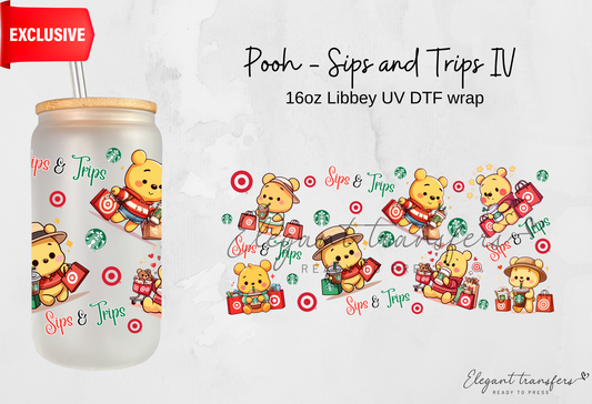 Pooh - Ice Coffee and Shopping IV wrap [Exclusive Uv Dtf - 16oz Libbey Glass Can] | Ready to Apply | Physical Product