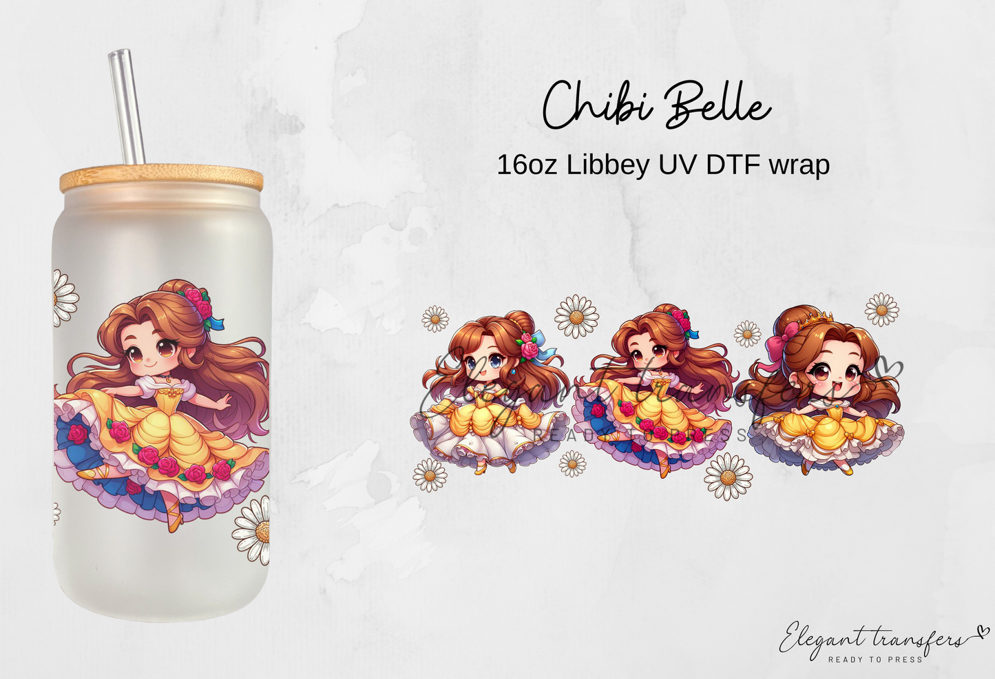 Chibi Belle Wrap [UV DTF - 16oz Libbey Glass Can] | Ready to Apply | Physical Product | Transfer