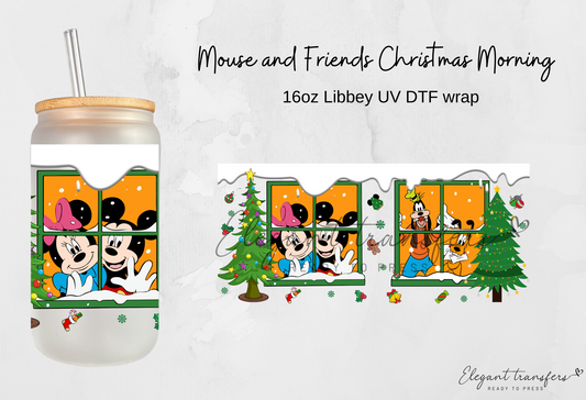 Mouse and Friends Christmas Morning Wrap [UV DTF - 16oz Libbey Glass Can] | Ready to Apply | Physical Product