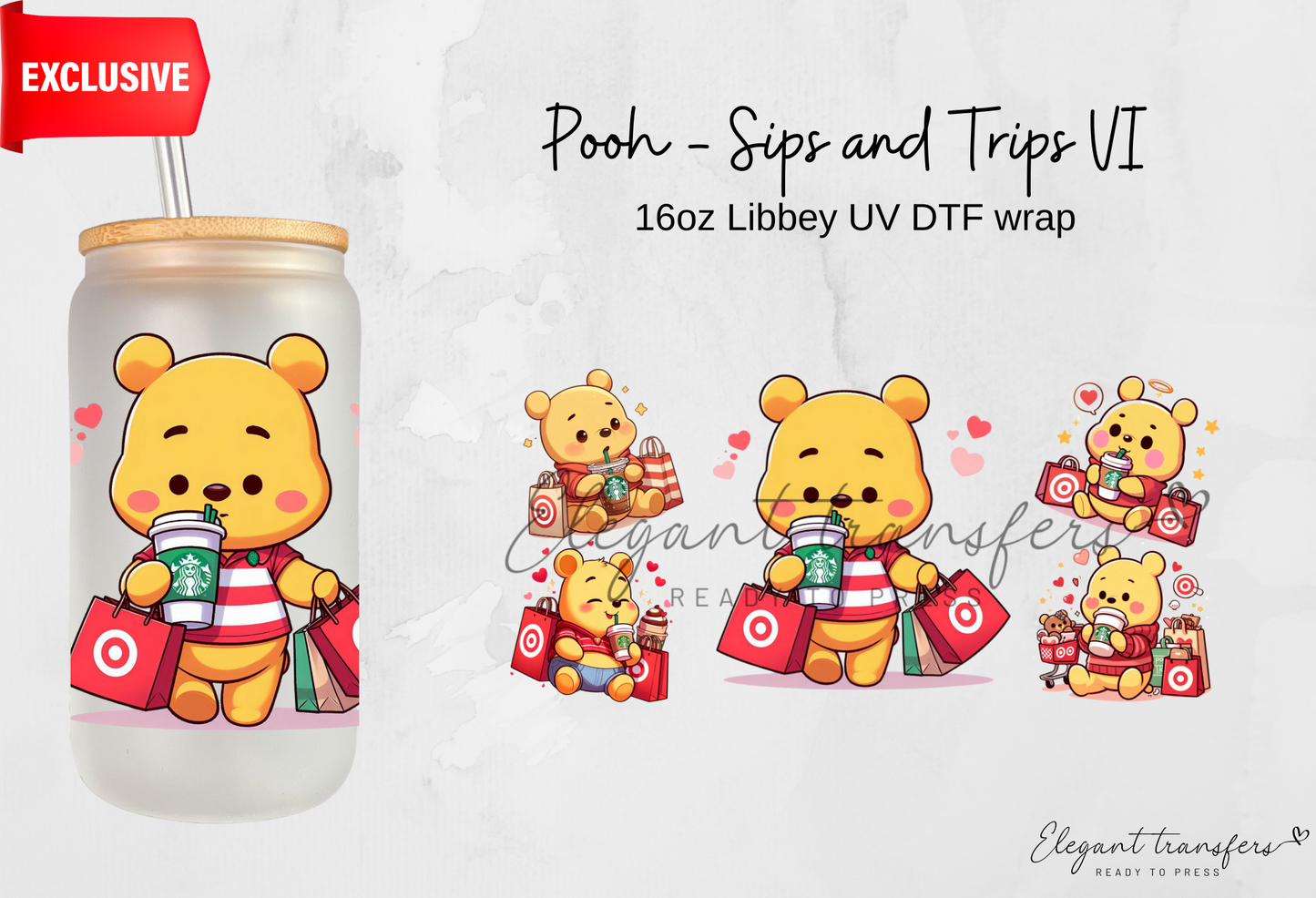 Pooh - Ice Coffee and Shopping VI wrap [Exclusive Uv Dtf - 16oz Libbey Glass Can] | Ready to Apply | Physical Product