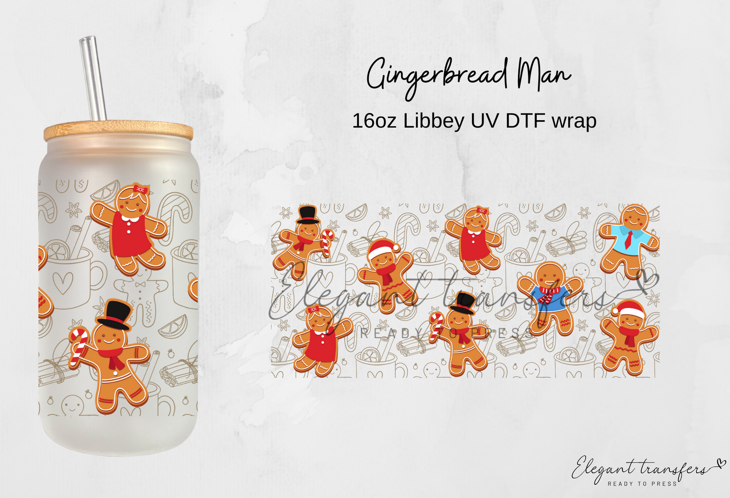 Gingerbread Man Wrap [UV DTF - 16oz Libbey Glass Can] | Ready to Apply | Physical Product | Transfer
