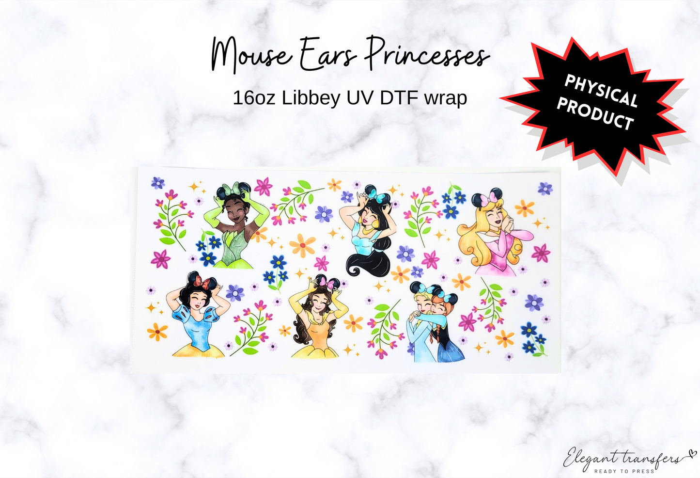 Mouse Ears Princesses Wrap [UV DTF - 16oz Libbey Glass Can] | Ready to Apply | Physical Product | Transfer