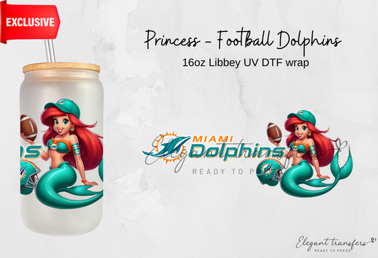 Princess - Football Dolphins wrap [EXCLUSIVE UV DTF - 16oz Libbey Glass Can] | Ready to Apply | Physical Product