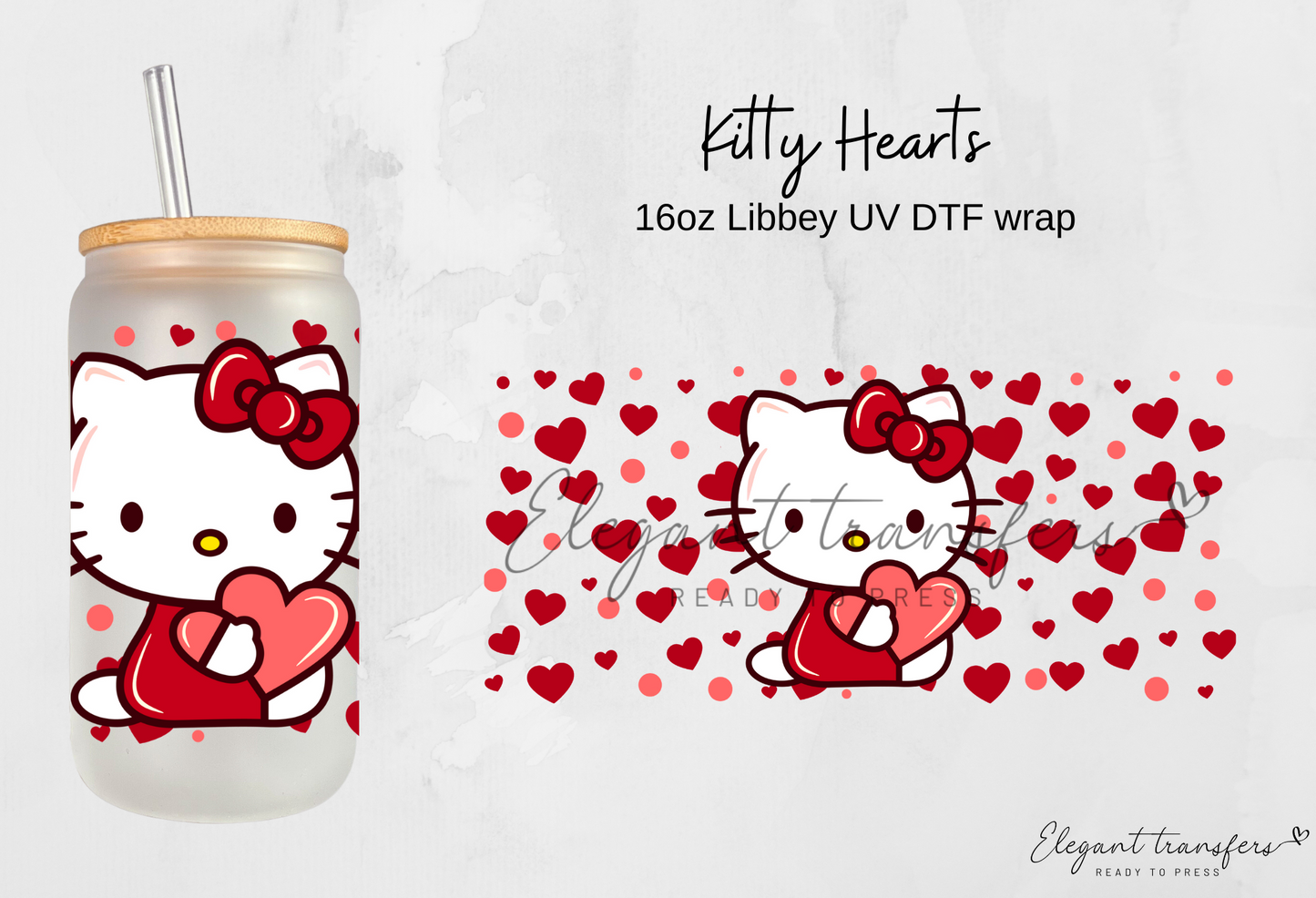 Kitty Hearts wrap [UV DTF - 16oz Libbey Glass Can] | Ready to Apply | Physical Product