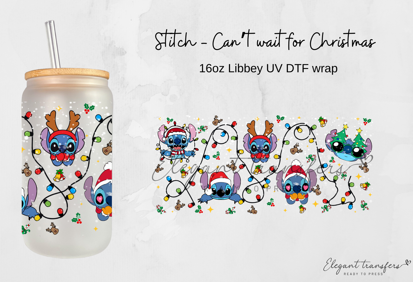 Stitch - Christmas Lights Wrap [UV DTF - 16oz Libbey Glass Can] | Ready to Apply | Physical Product