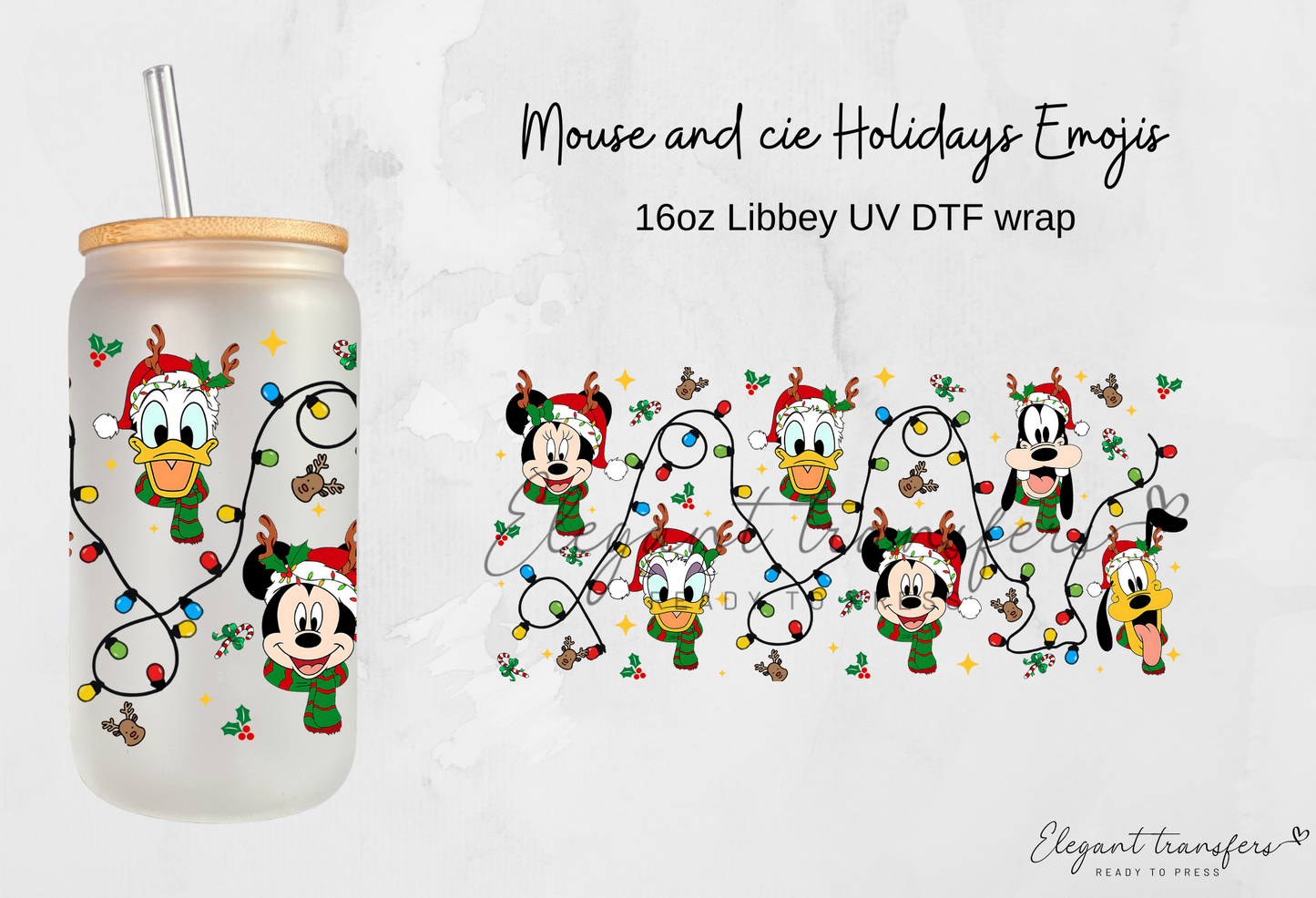 Mouse and cie Holidays Emojis Wrap [UV DTF - 16oz Libbey Glass Can] | Ready to Apply | Physical Product