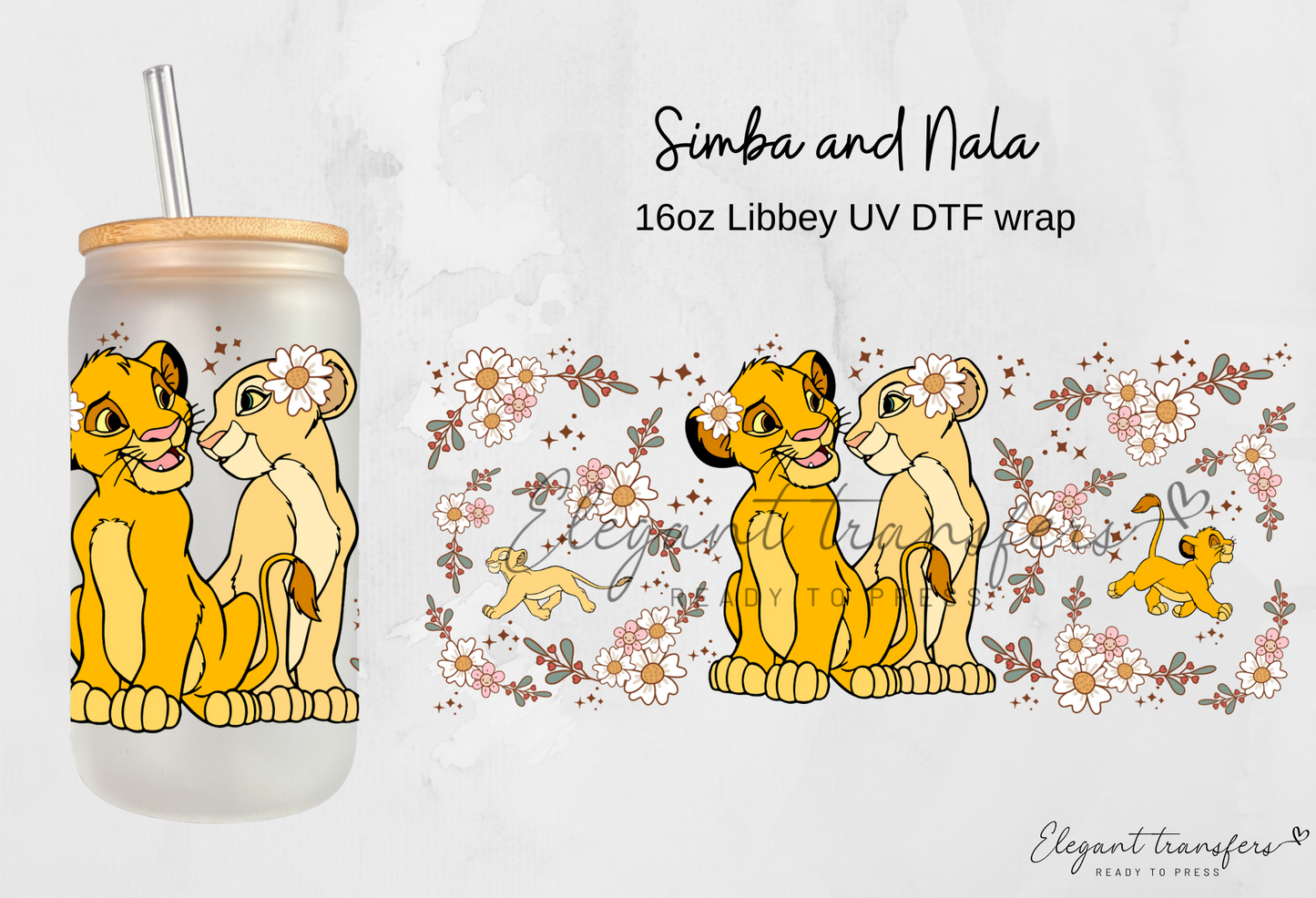 Simba and Nala wrap [UV DTF - 16oz Libbey Glass Can] | Ready to Apply | Physical Product