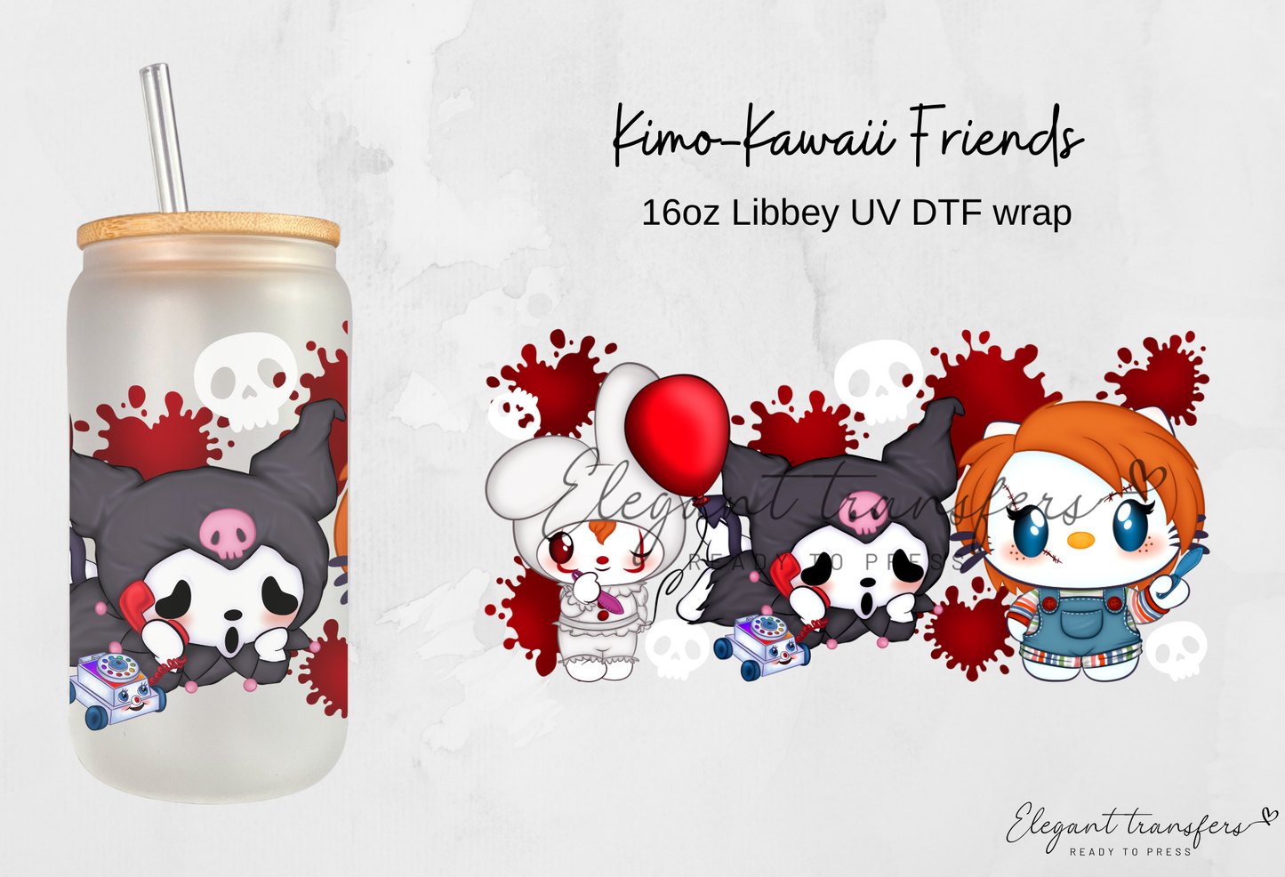 Kimo-Kawaii Friends Wrap [UV DTF - 16oz Libbey Glass Can] | Ready to Apply | Physical Product | Transfer