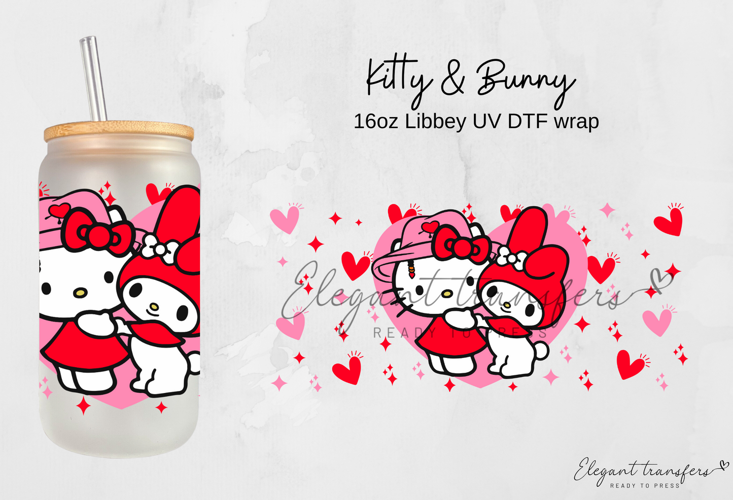 Kitty & Bunny wrap [UV DTF - 16oz Libbey Glass Can] | Ready to Apply | Physical Product