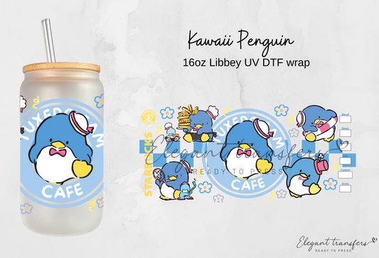 Kawaii Penguin wrap [UV DTF - 16oz Libbey Glass Can] | Ready to Apply | Physical Product