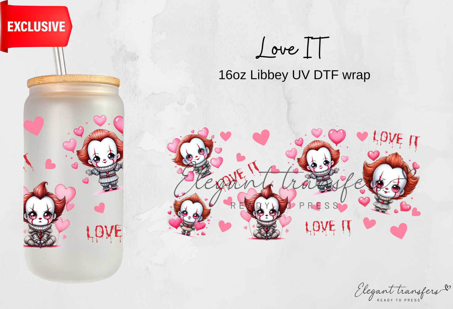 Love IT wrap [Exclusive Uv Dtf - 16oz Libbey Glass Can] | Ready to Apply | Physical Product
