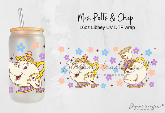 Mrs. Potts & Chip wrap [UV DTF - 16oz Libbey Glass Can] | Ready to Apply | Physical Product