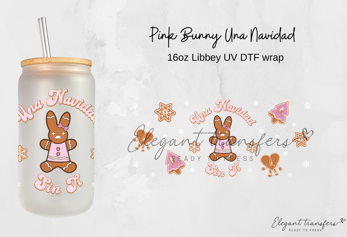 Pink Bunny Una Navidad Wrap [UV DTF - 16oz Libbey Glass Can] | Ready to Apply | Physical Item