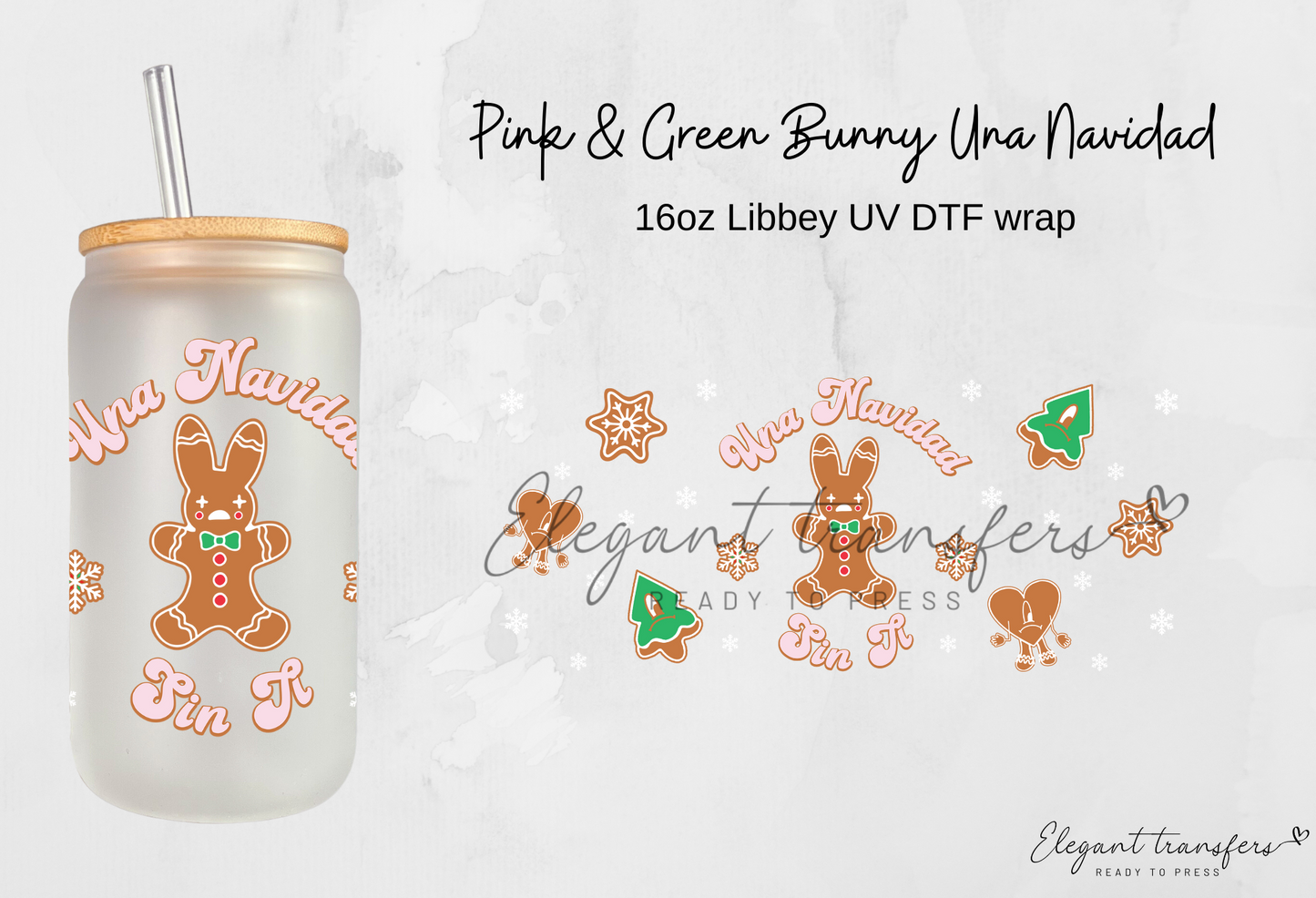 Pink & Green Bunny Una Navidad Wrap [UV DTF - 16oz Libbey Glass Can] | Ready to Apply | Physical Item