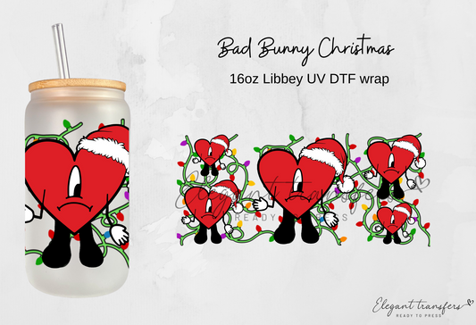 Bad Bunny Christmas Wrap [UV DTF - 16oz Libbey Glass Can] | Ready to Apply | Physical Product | Transfer