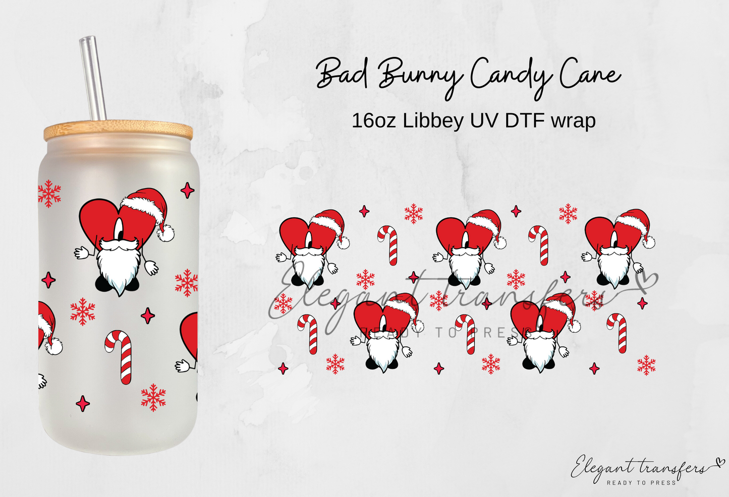 Bad Bunny Candy Cane Wrap [UV DTF - 16oz Libbey Glass Can] | Ready to Apply | Physical Product | Transfer