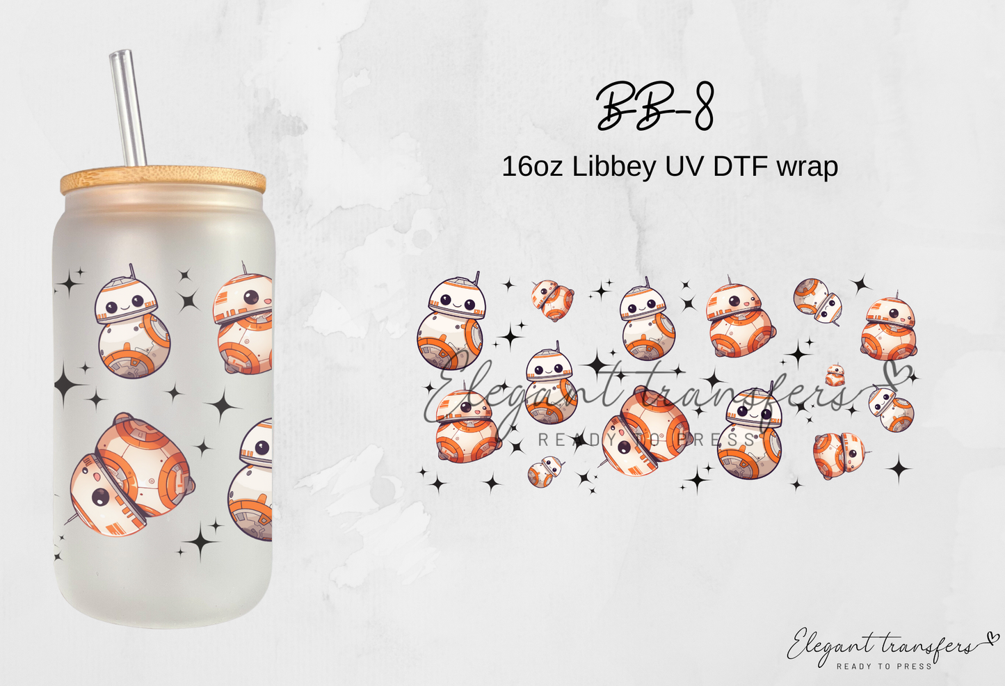 BB-8 Wrap [EXCLUSIVE UV DTF - 16oz Libbey Glass Can] | Ready to Apply | Physical Product | Transfer