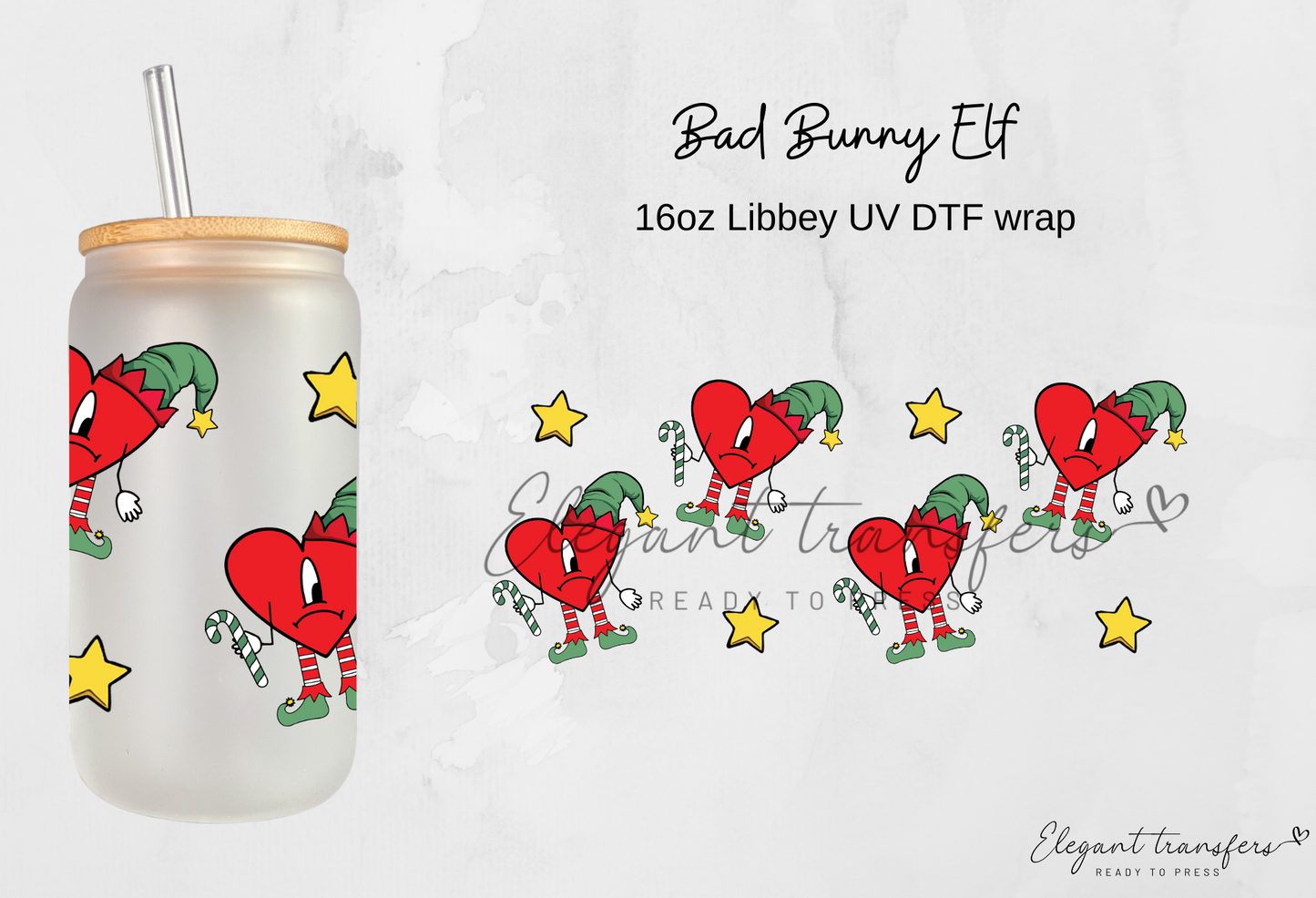 Bad Bunny Elf Wrap [UV DTF - 16oz Libbey Glass Can] | Ready to Apply | Physical Product | Transfer