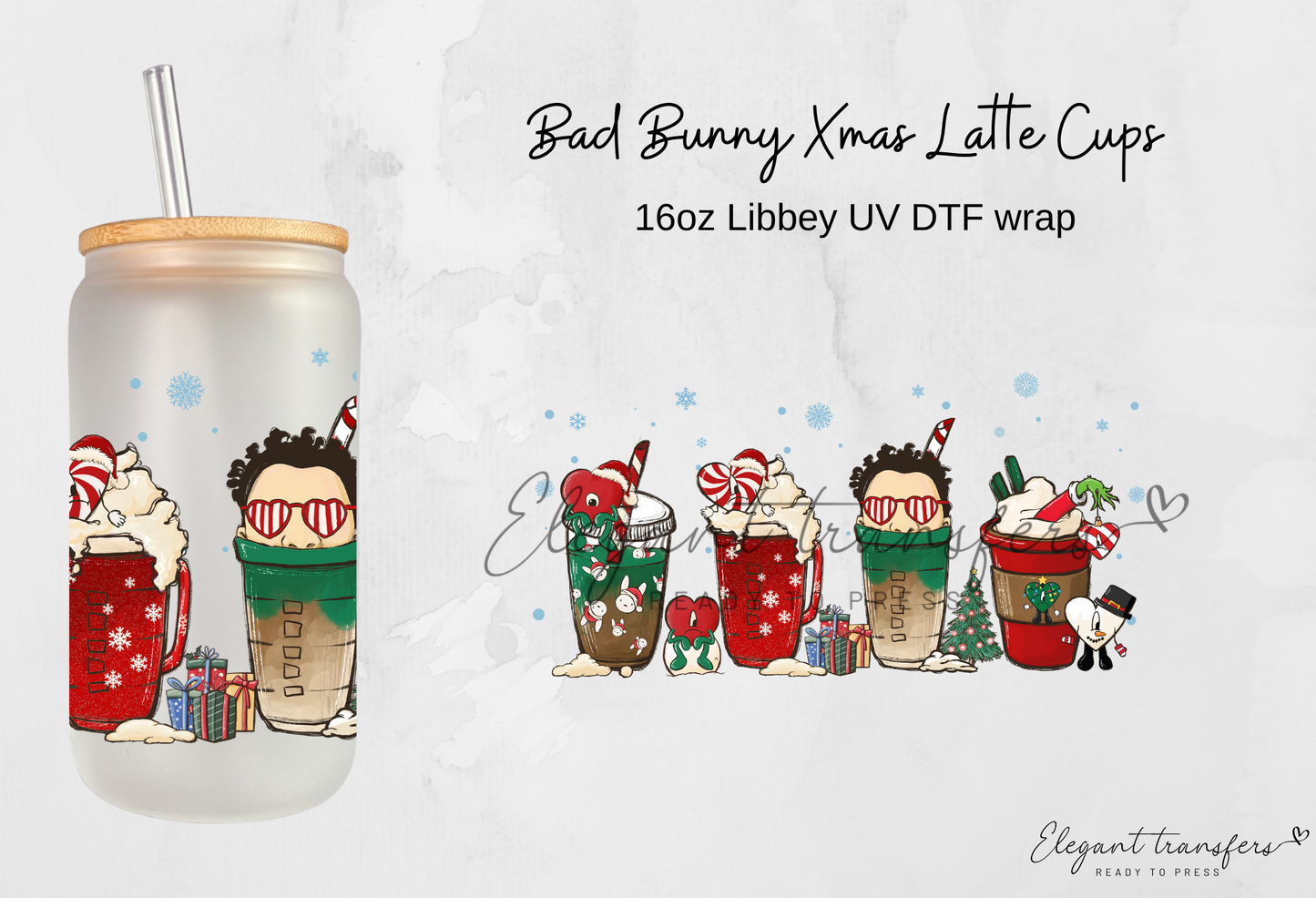 Bad Bunny Xmas Latte Cups Wrap [UV DTF - 16oz Libbey Glass Can] | Ready to Apply | Physical Product | Transfer