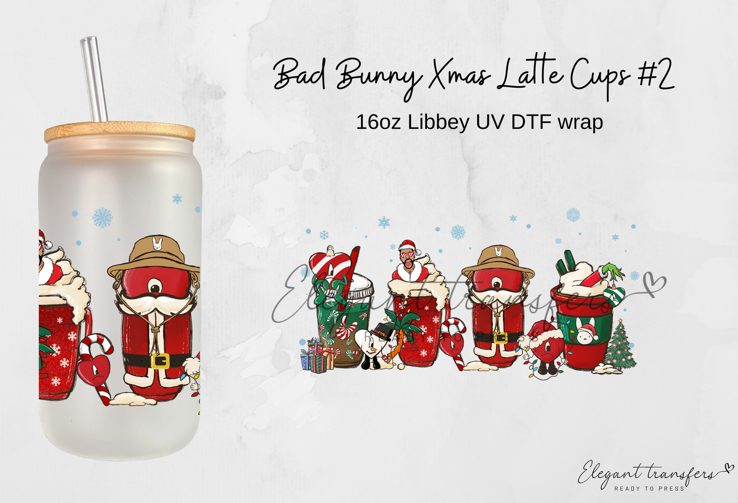 Bad Bunny Xmas Latte #2 Wrap [UV DTF - 16oz Libbey Glass Can] | Ready to Apply | Physical Product | Transfer