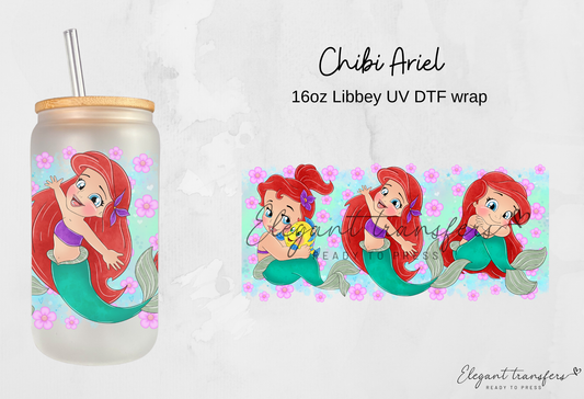 Chibi Ariel Wrap [UV DTF - 16oz Libbey Glass Can] | Ready to Apply | Physical Product | Transfer