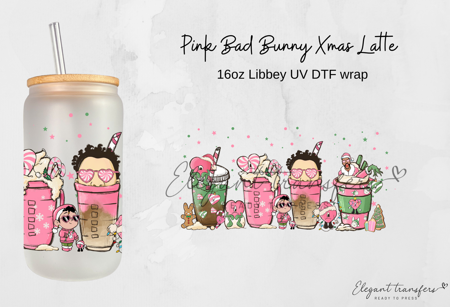 Pink Bad Bunny Xmas Latte Wrap [UV DTF - 16oz Libbey Glass Can] | Ready to Apply | Physical Item