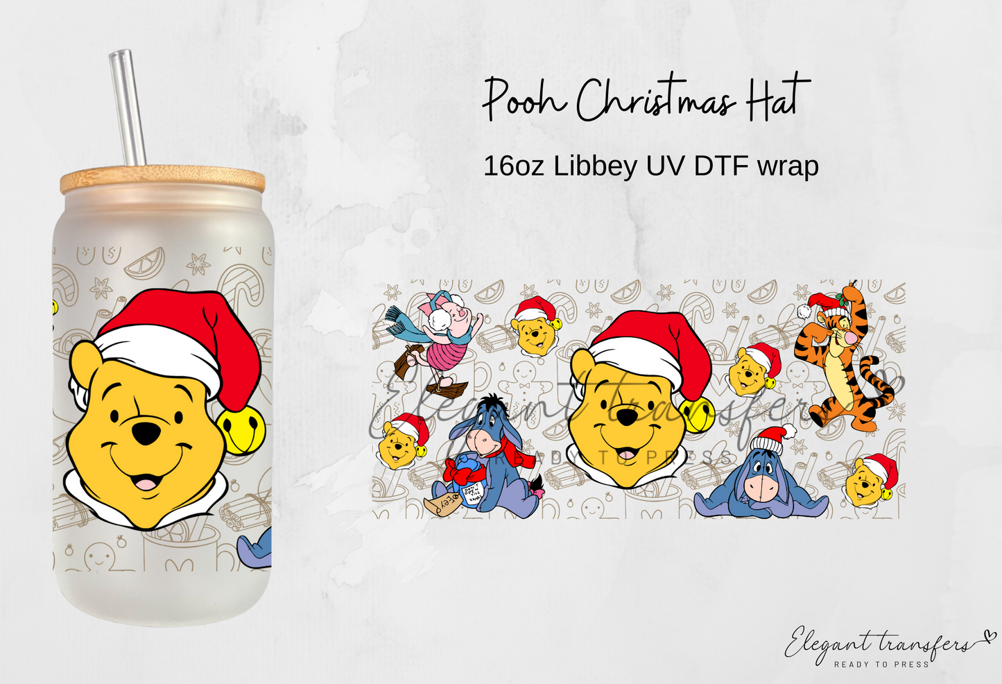 Pooh Christmas Hat Wrap [UV DTF - 16oz Libbey Glass Can] | Ready to Apply | Physical Item