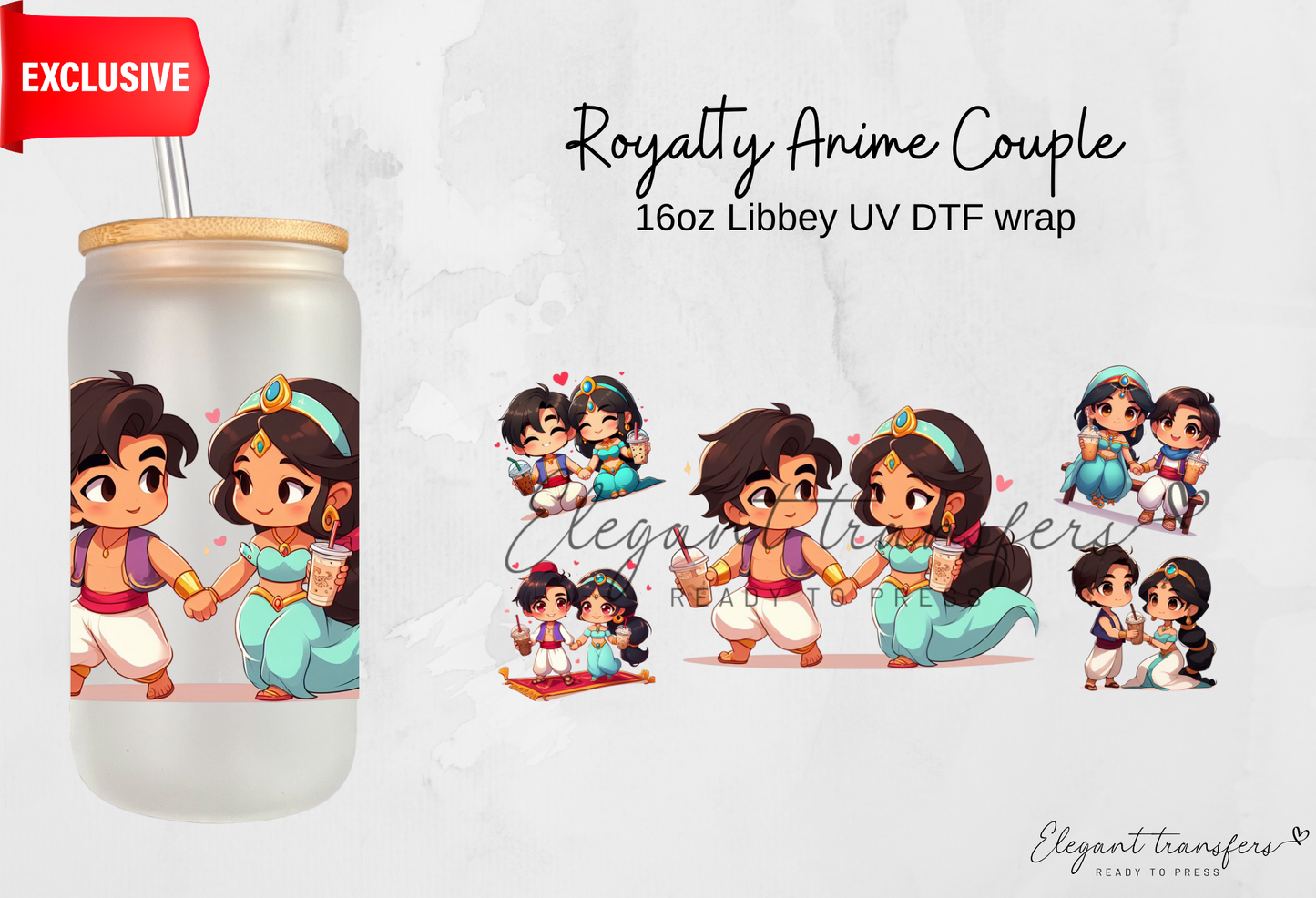 Royalty Anime Couple wrap [EXCLUSIVE UV DTF - 16oz Libbey Glass Can] | Ready to Apply | Physical Product