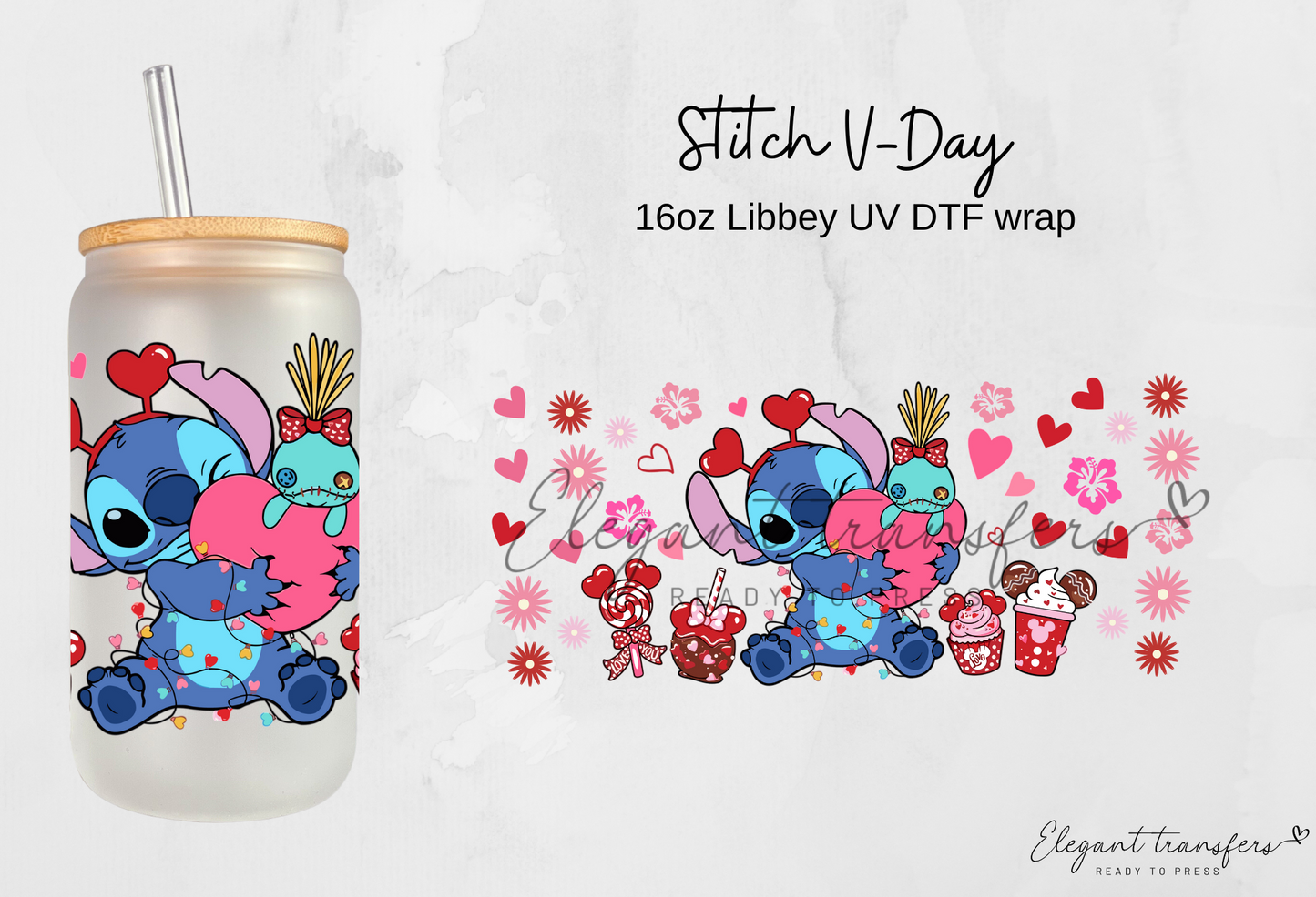 Stitch V-Day wrap [UV DTF - 16oz Libbey Glass Can] | Ready to Apply | Physical Product