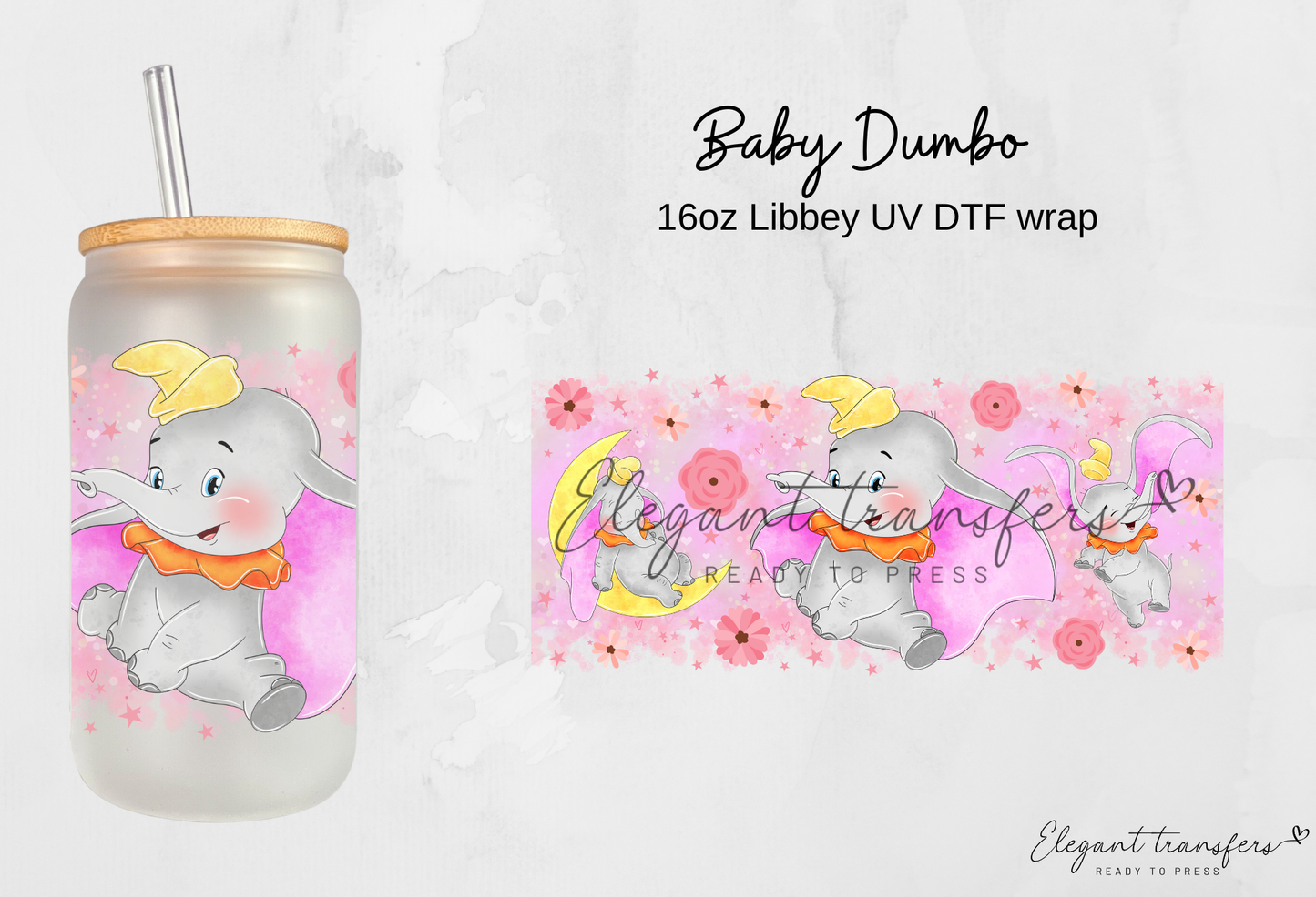 Baby Dumbo Wrap [UV DTF - 16oz Libbey Glass Can] | Ready to Apply | Physical Product | Transfer