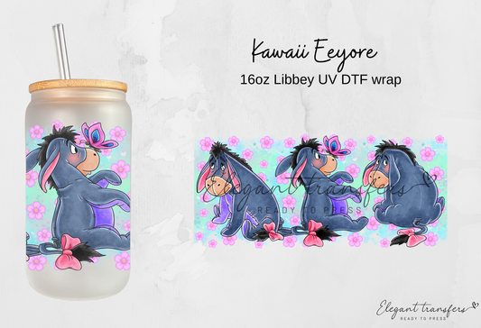 Kawaii Eeyore Wrap [UV DTF - 16oz Libbey Glass Can] | Ready to Apply | Physical Product | Transfer